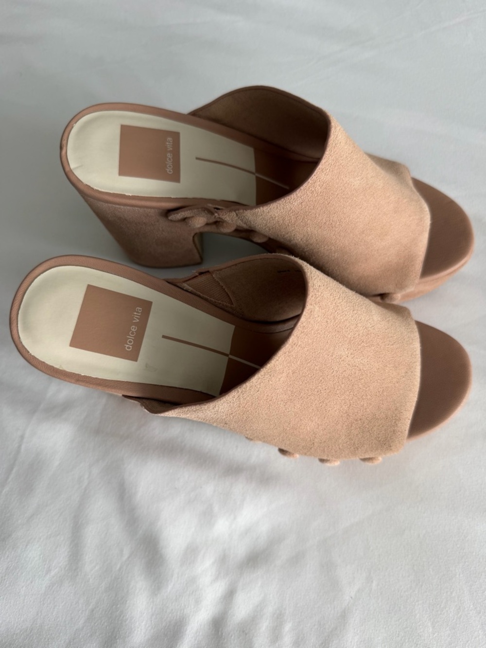 Dolce Vita "Emol" Blush Pink Tan Suede Platform Clog Mules Open Toe Sandal 70s - Picture 5 of 16